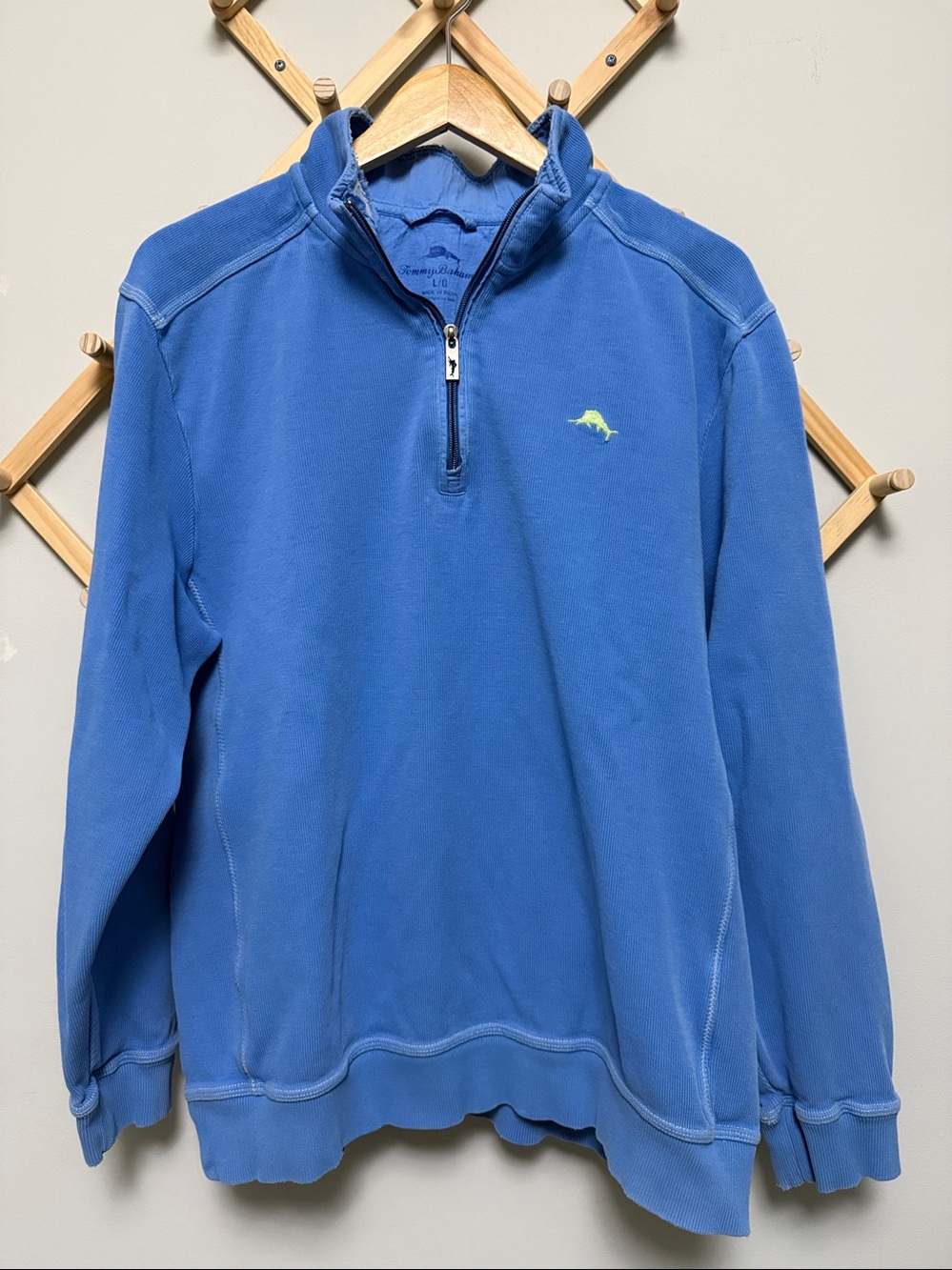 Tommy Bahama Blue Cotton Quarter Zip Pullover Sweater Size Large,
